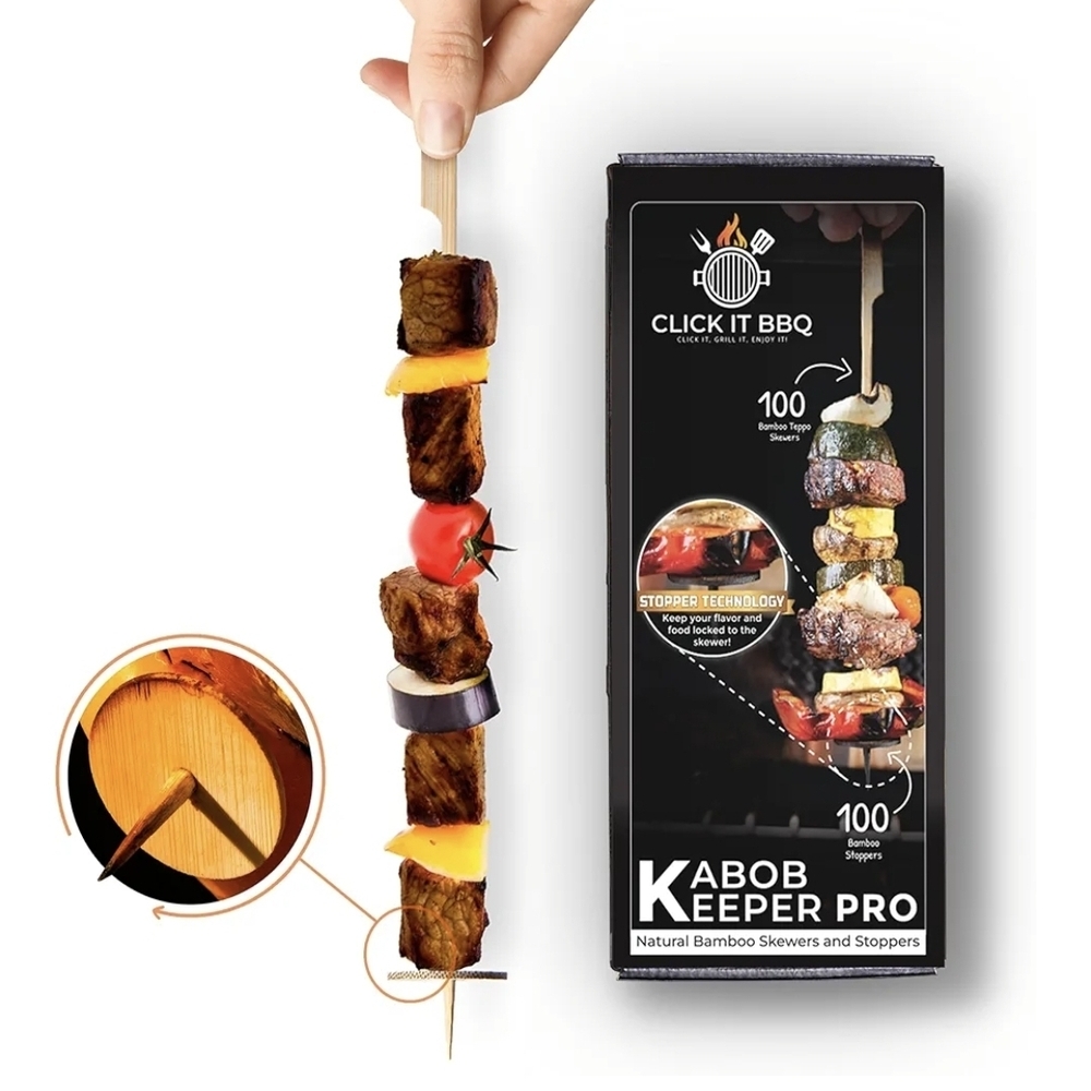 Kabob Keeper Pro - Bamboo Skewers with Innovative Stopper Disks